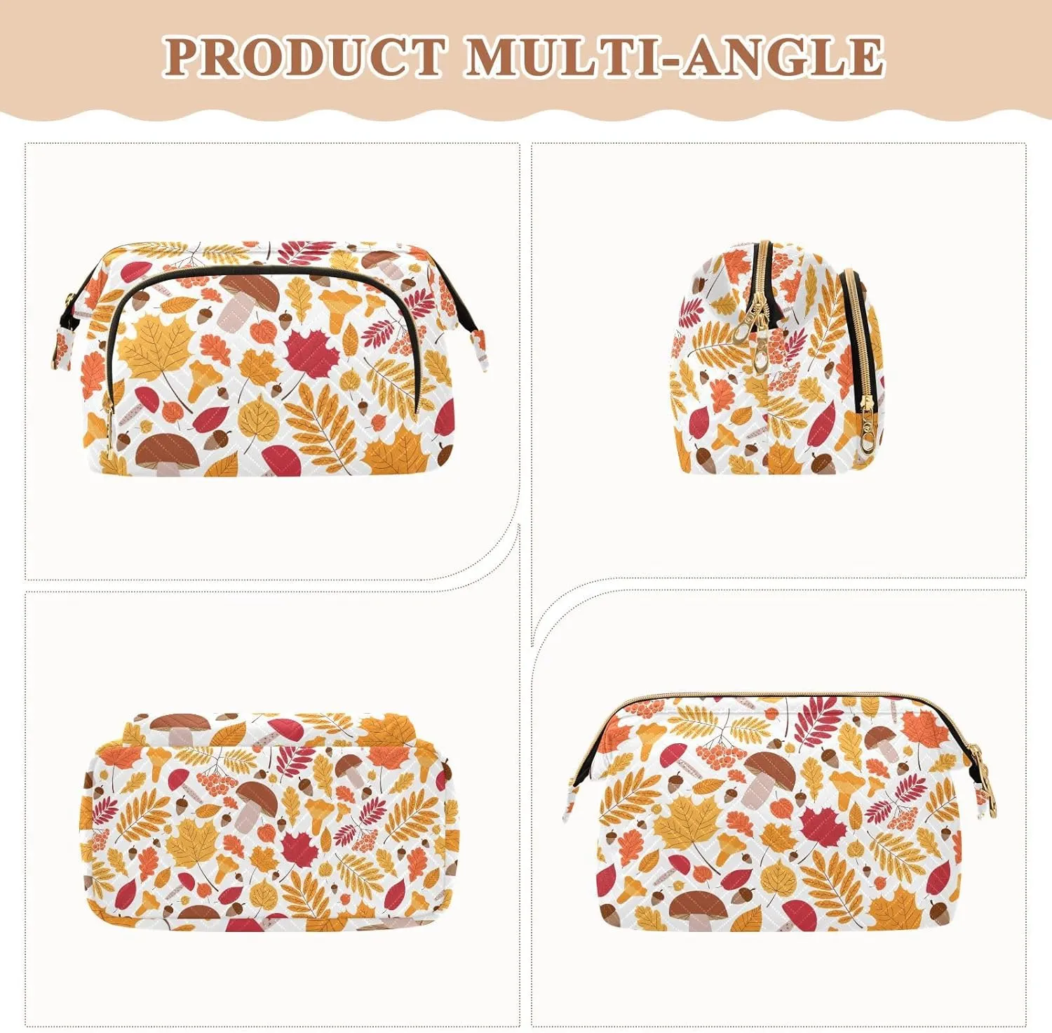 Autumn Pattern with Leaves Oaks Rowan Berries Women Cosmetic Bag Makeup Bag Stylish Trip Beauty Bag Travel Toiletry Bag with Bottle Organizer 10.2 x 5.9 x 6.7 inch