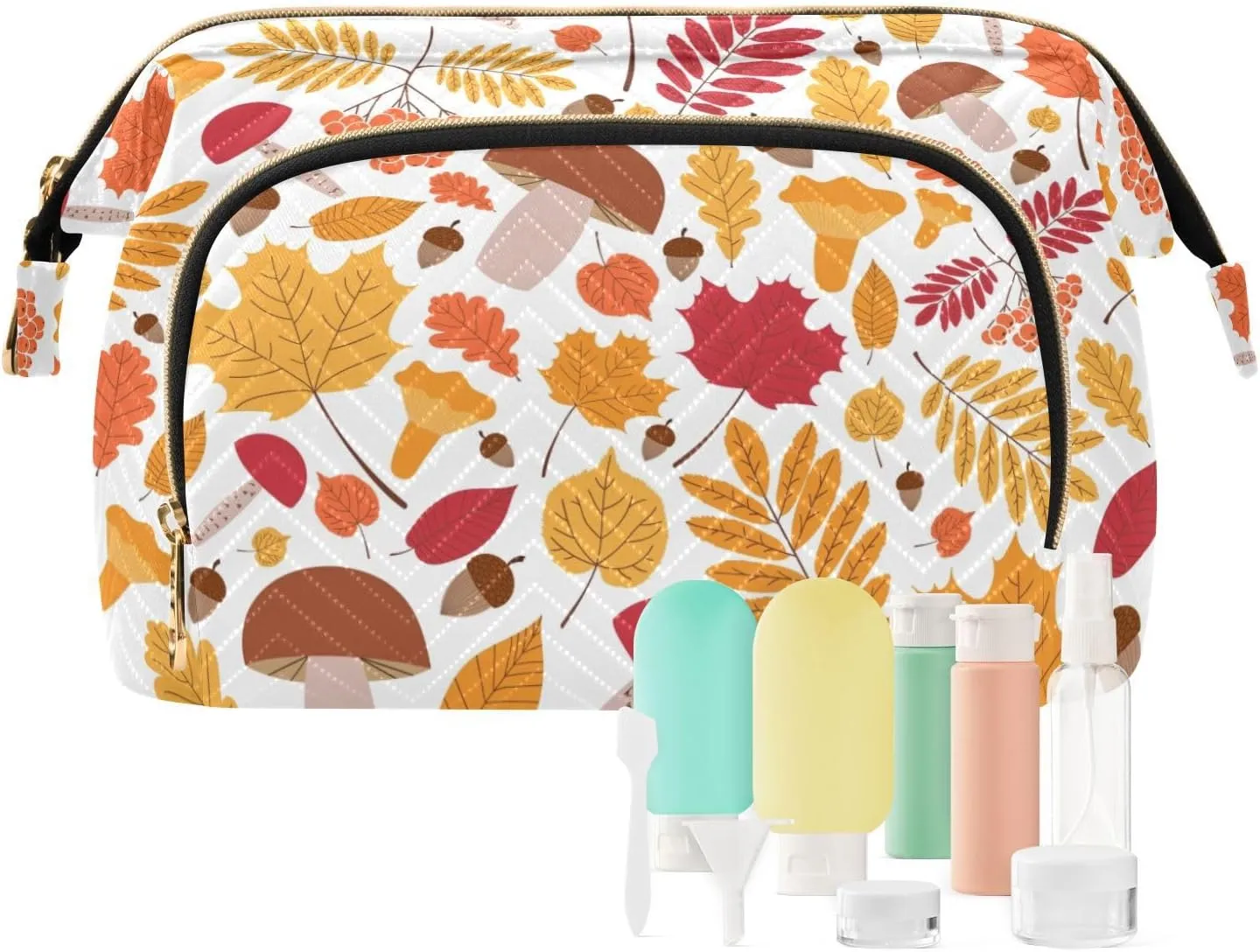 Autumn Pattern with Leaves Oaks Rowan Berries Women Cosmetic Bag Makeup Bag Stylish Trip Beauty Bag Travel Toiletry Bag with Bottle Organizer 10.2 x 5.9 x 6.7 inch