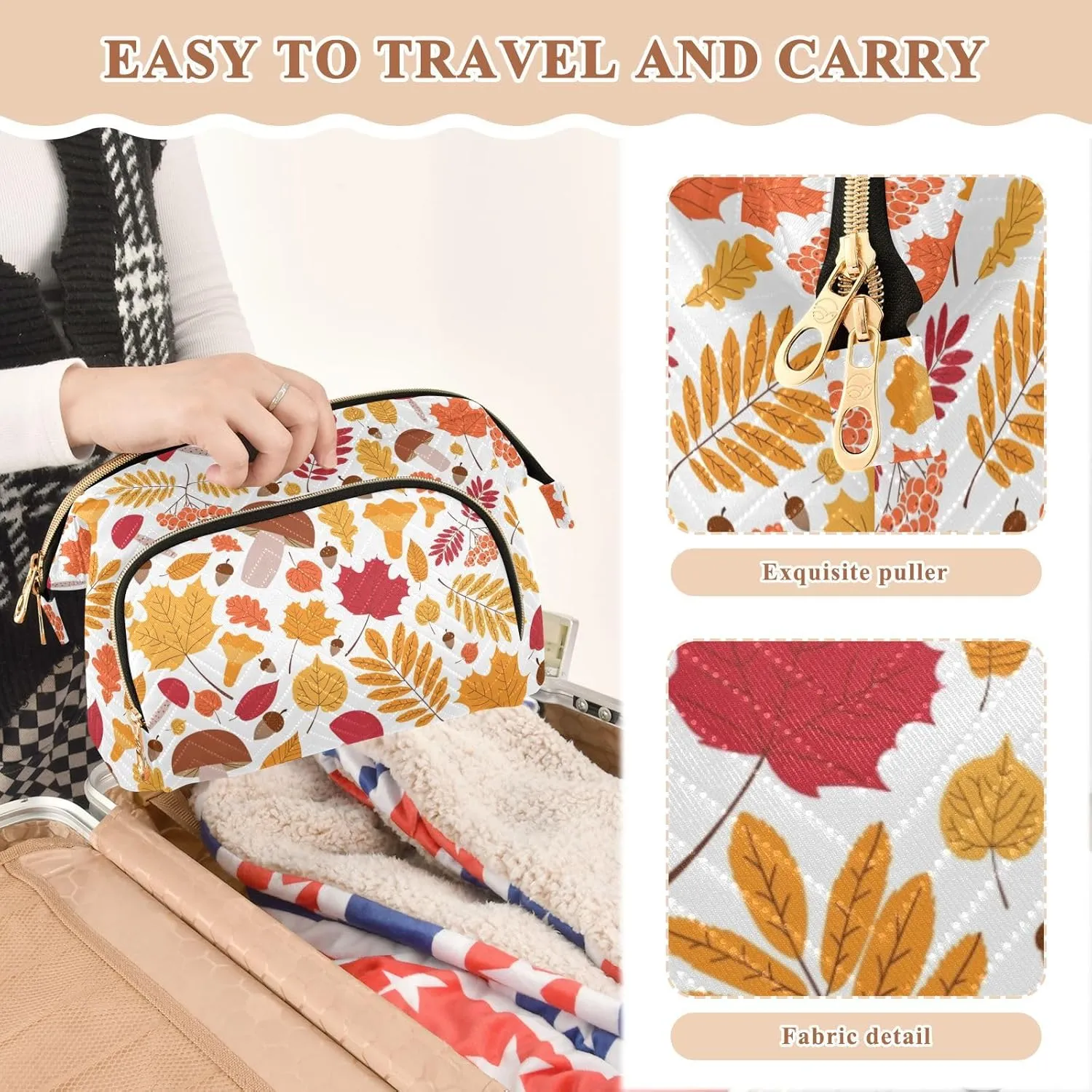 Autumn Pattern with Leaves Oaks Rowan Berries Women Cosmetic Bag Makeup Bag Stylish Trip Beauty Bag Travel Toiletry Bag with Bottle Organizer 10.2 x 5.9 x 6.7 inch