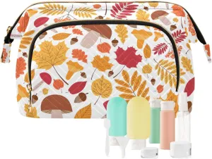 Autumn Pattern with Leaves Oaks Rowan Berries Women Cosmetic Bag Makeup Bag Stylish Trip Beauty Bag Travel Toiletry Bag with Bottle Organizer 10.2 x 5.9 x 6.7 inch