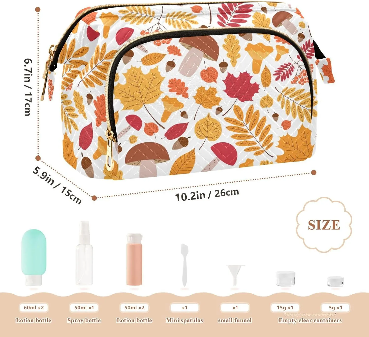 Autumn Pattern with Leaves Oaks Rowan Berries Women Cosmetic Bag Makeup Bag Stylish Trip Beauty Bag Travel Toiletry Bag with Bottle Organizer 10.2 x 5.9 x 6.7 inch