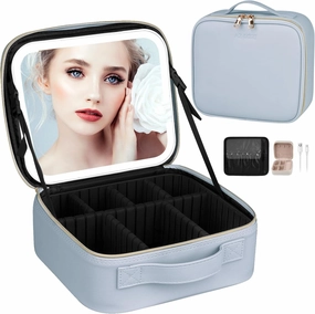 AZ GOGO Travel Makeup Bag with Light up Mirror, Makeup Train Case with Lighted Mirror 3 Color Brightness, Waterproof Portable Cosmetic Organizer (Blue)