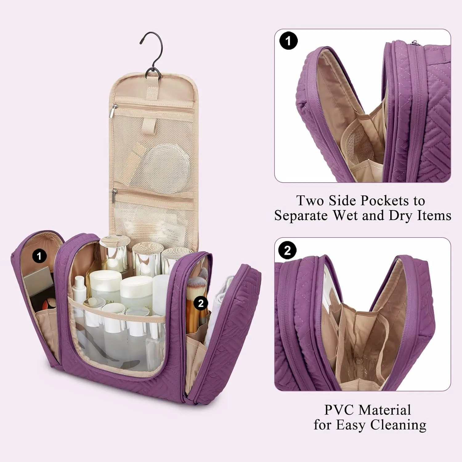 BAGSMART Large Travel Toiletry Bag for Women, Hanging Toiletry Bag with Hook, Travel Cosmetic Makeup Bag Travel Organizer for Accessories, Shampoo, Full Sized Container, Toiletries,Purple-Large