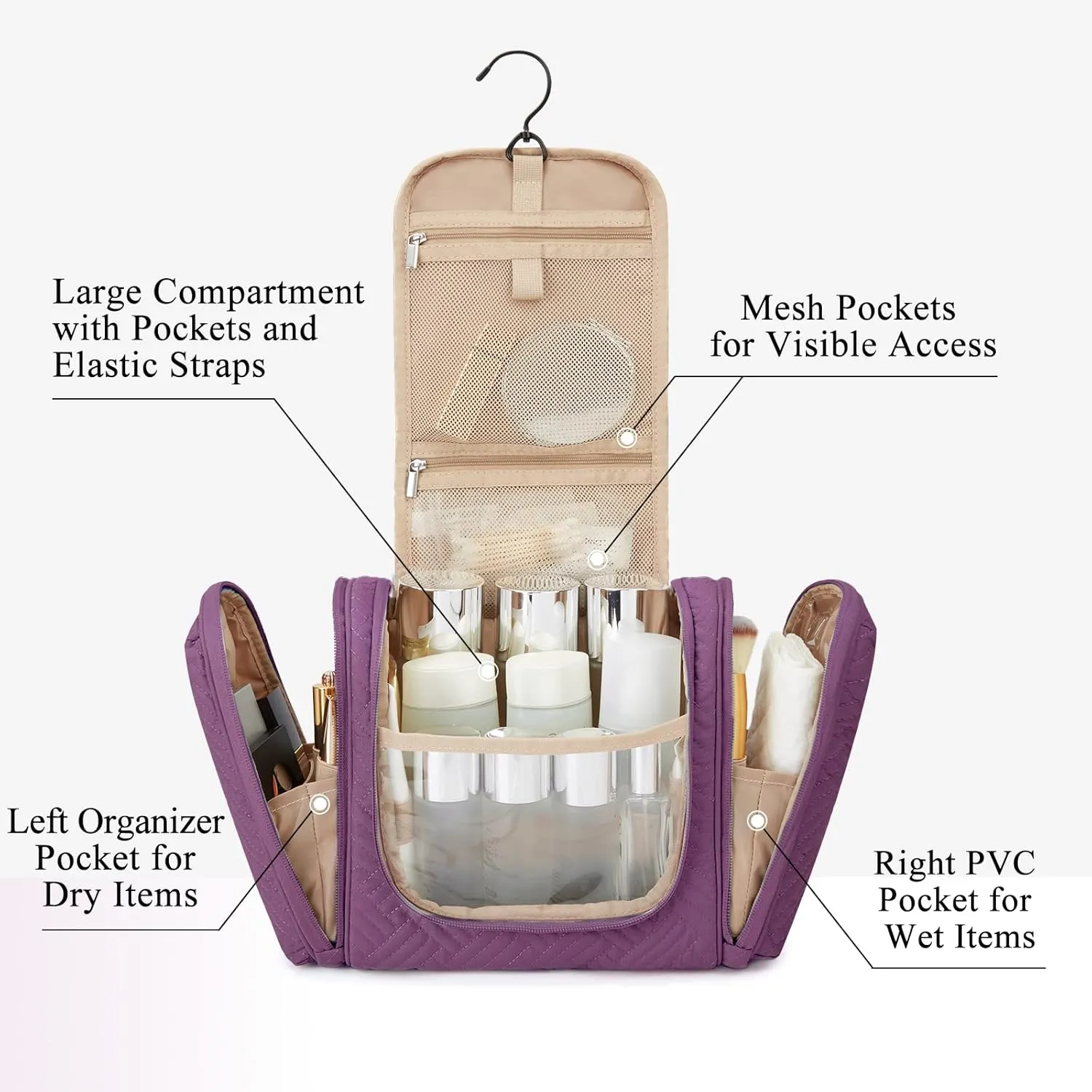 BAGSMART Large Travel Toiletry Bag for Women, Hanging Toiletry Bag with Hook, Travel Cosmetic Makeup Bag Travel Organizer for Accessories, Shampoo, Full Sized Container, Toiletries,Purple-Large