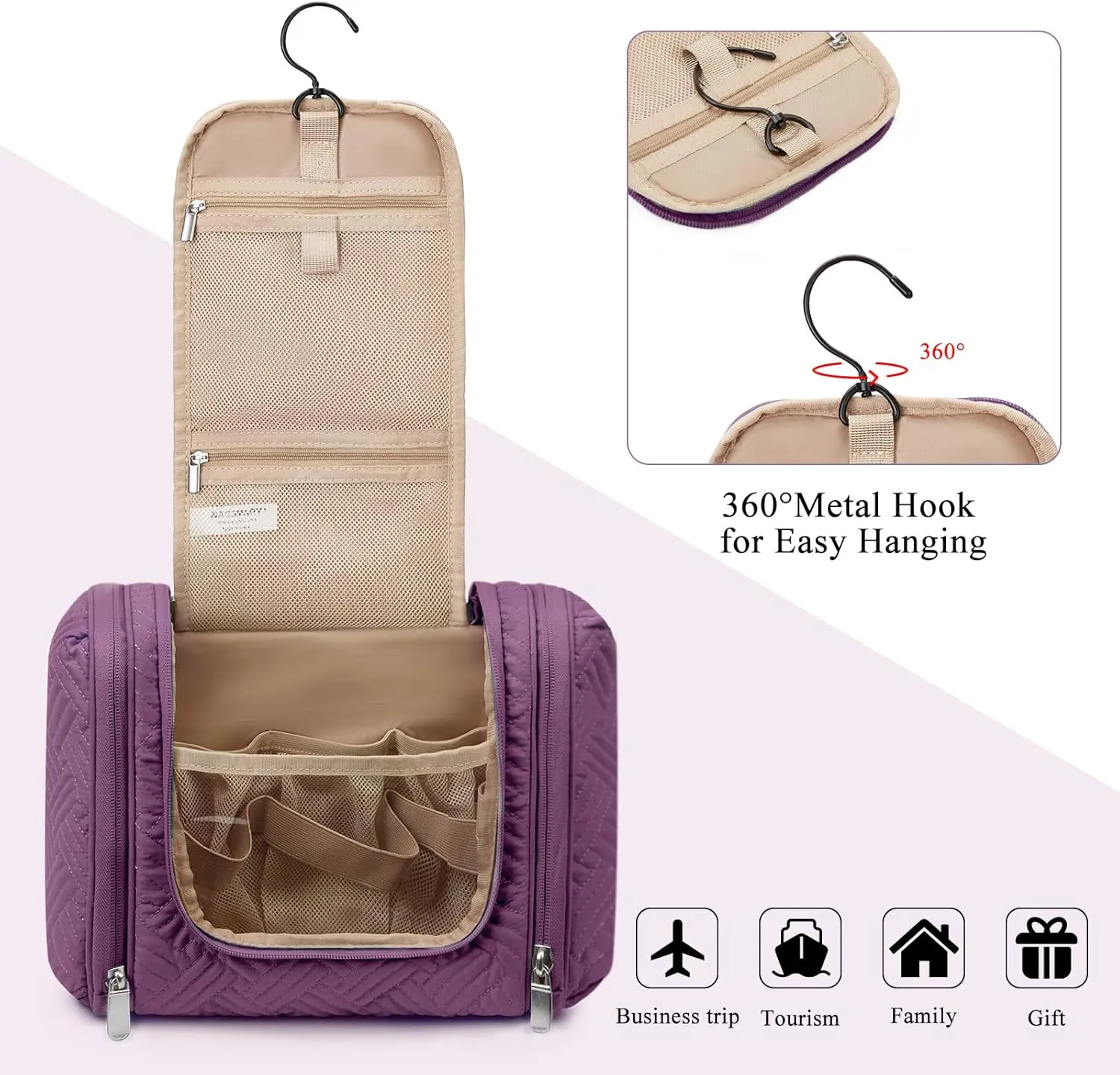 BAGSMART Large Travel Toiletry Bag for Women, Hanging Toiletry Bag with Hook, Travel Cosmetic Makeup Bag Travel Organizer for Accessories, Shampoo, Full Sized Container, Toiletries,Purple-Large
