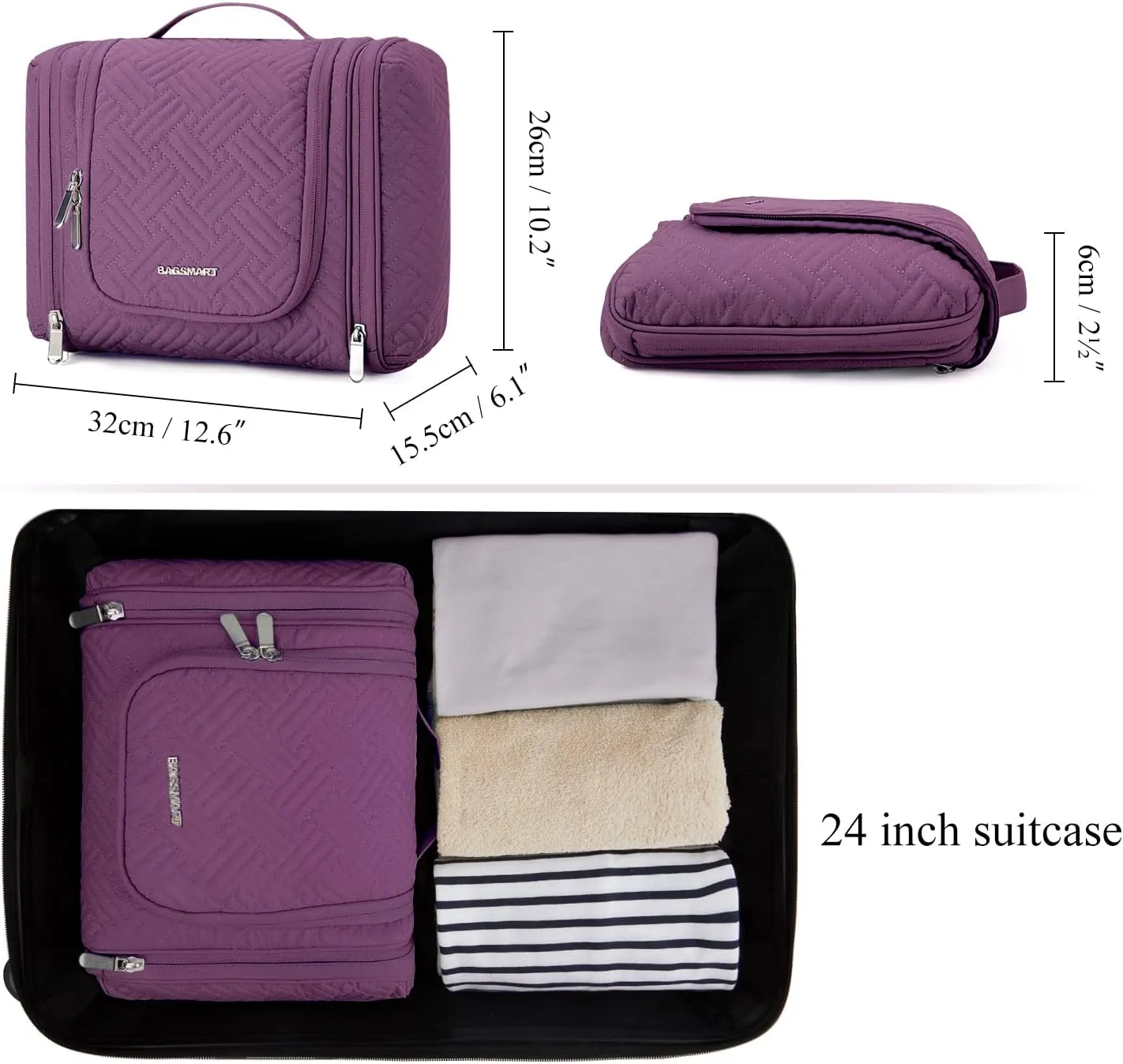 BAGSMART Large Travel Toiletry Bag for Women, Hanging Toiletry Bag with Hook, Travel Cosmetic Makeup Bag Travel Organizer for Accessories, Shampoo, Full Sized Container, Toiletries,Purple-Large