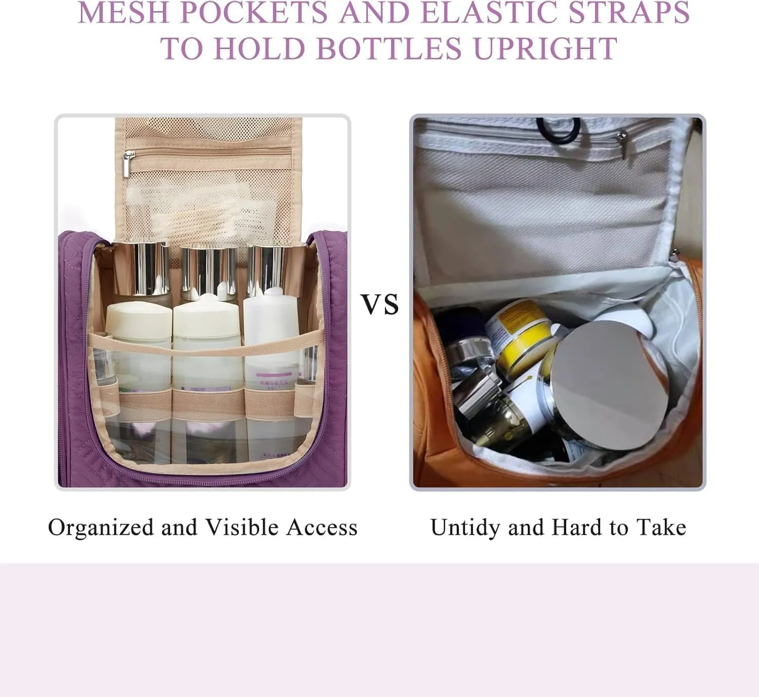 BAGSMART Large Travel Toiletry Bag for Women, Hanging Toiletry Bag with Hook, Travel Cosmetic Makeup Bag Travel Organizer for Accessories, Shampoo, Full Sized Container, Toiletries,Purple-Large