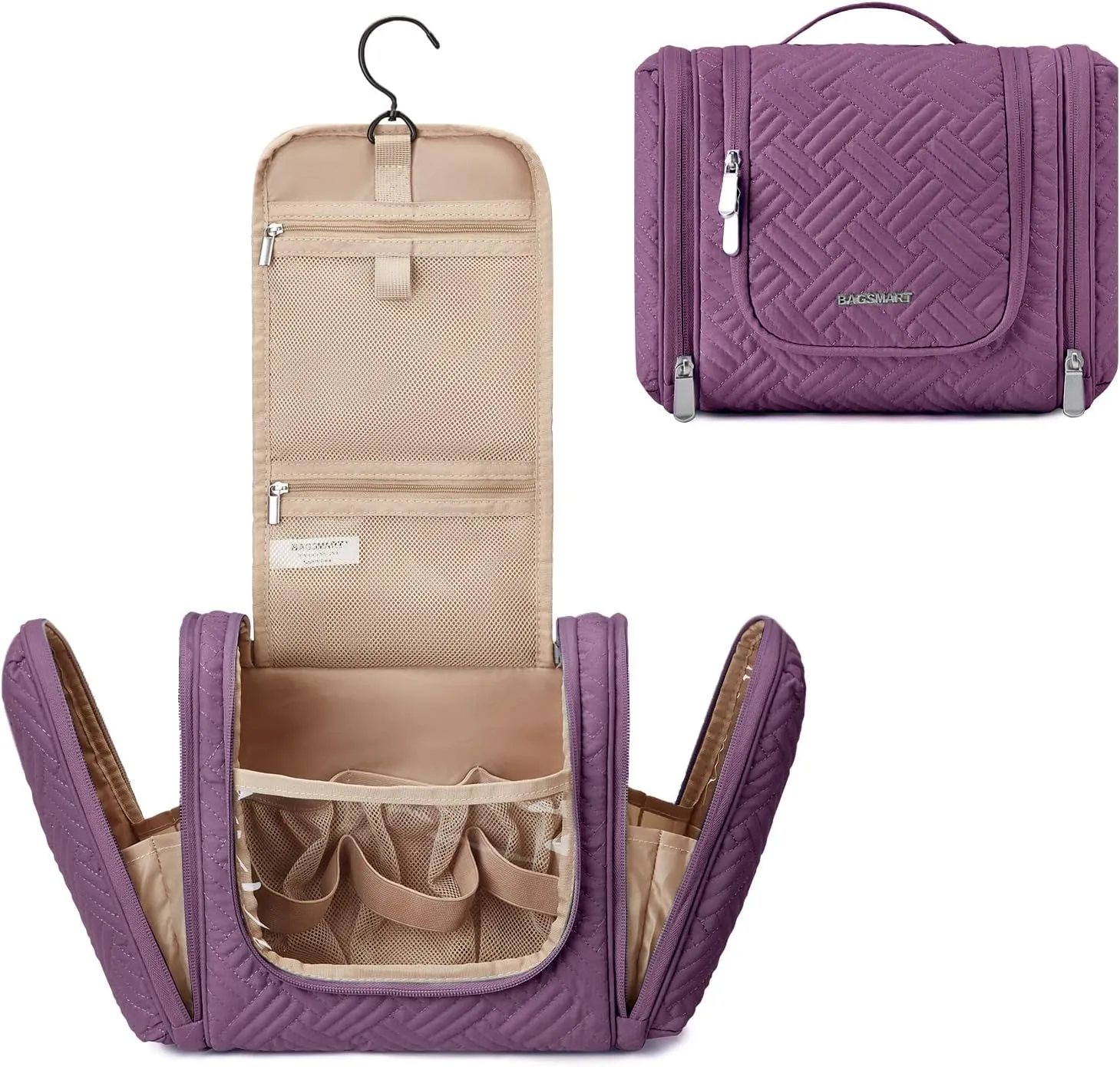 BAGSMART Large Travel Toiletry Bag for Women, Hanging Toiletry Bag with Hook, Travel Cosmetic Makeup Bag Travel Organizer for Accessories, Shampoo, Full Sized Container, Toiletries,Purple-Large