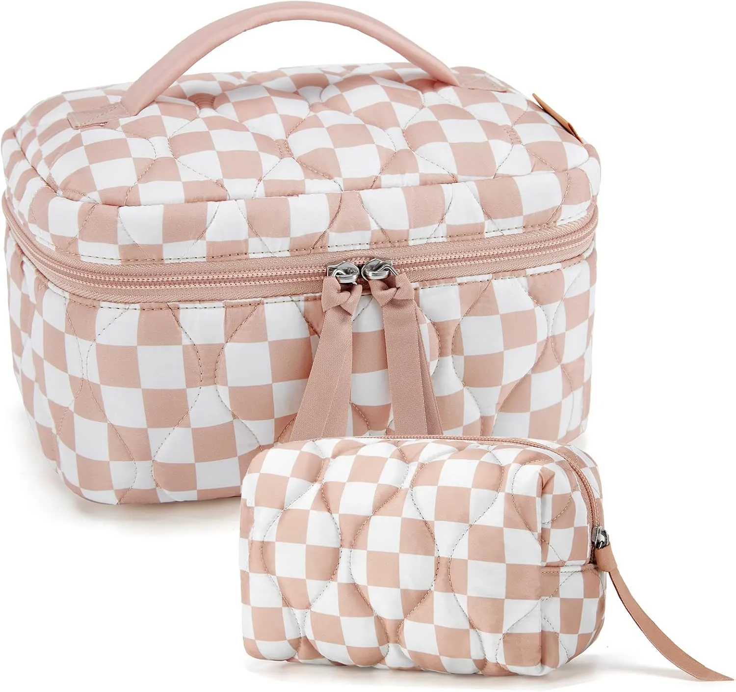 BAGSMART Travel Makeup Bag, 2-Piece Puffy Quilted Cute Make Up Bag Cosmetic Bags for Women, Large Wide-Open Toiletry Pouch Gifts for Toiletries Accessories Travelling Essentials, Checkered Khaki