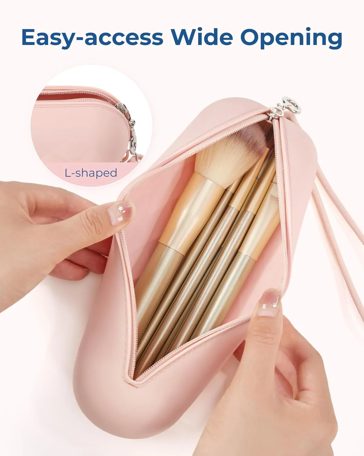 BAGSMART Travel Makeup Brush Holder Bag with Metal Zipper Closure, Travel Makeup Brush Case Cosmetic Bag, Silicone Soft Portable Face Brushes Travel Essentials Organizer Holder, Light Khaki