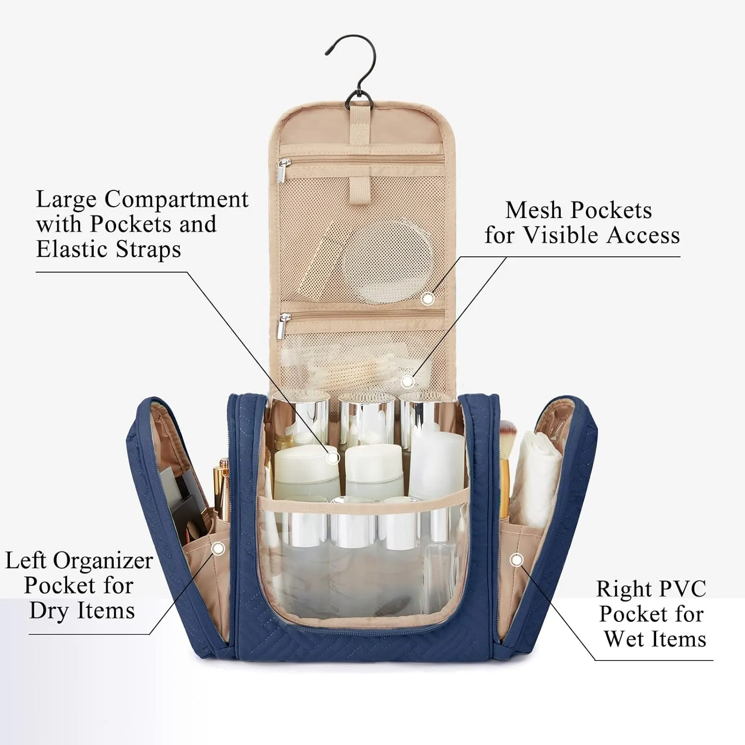 BAGSMART Travel Toiletry Bag for Women, Hanging Toiletry Bag with Hook, Travel Cosmetic Makeup Bag Travel Organizer for Accessories, Shampoo, Full Sized Container, Toiletries,Navy-Medium