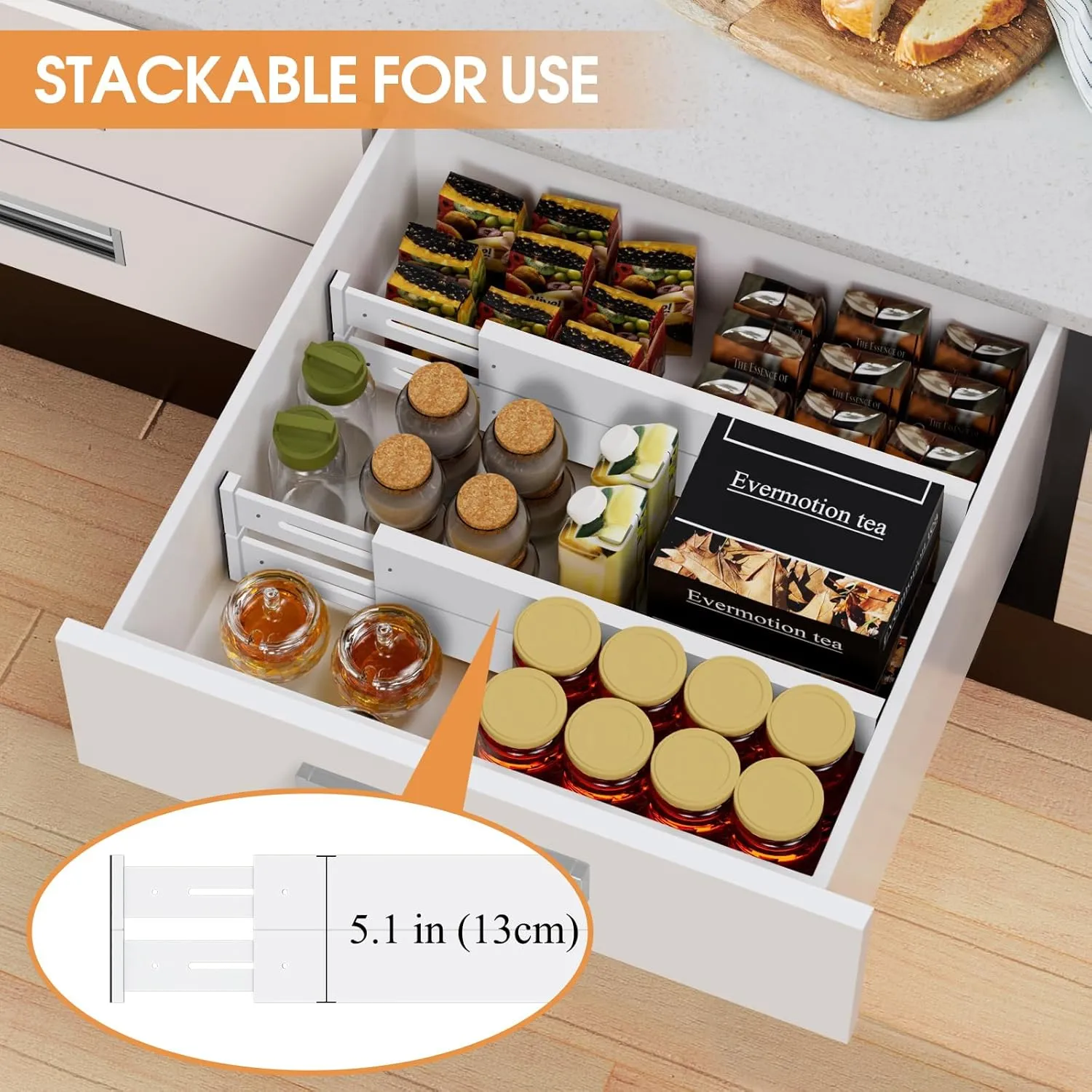 Bamboo Drawer Dividers,17-22" Adjustable Kitchen Drawer Organizer for Clothes,6 Pack Expandable Drawer Organization Separators for Bedroom,Bathroom,Dresser and Office,White