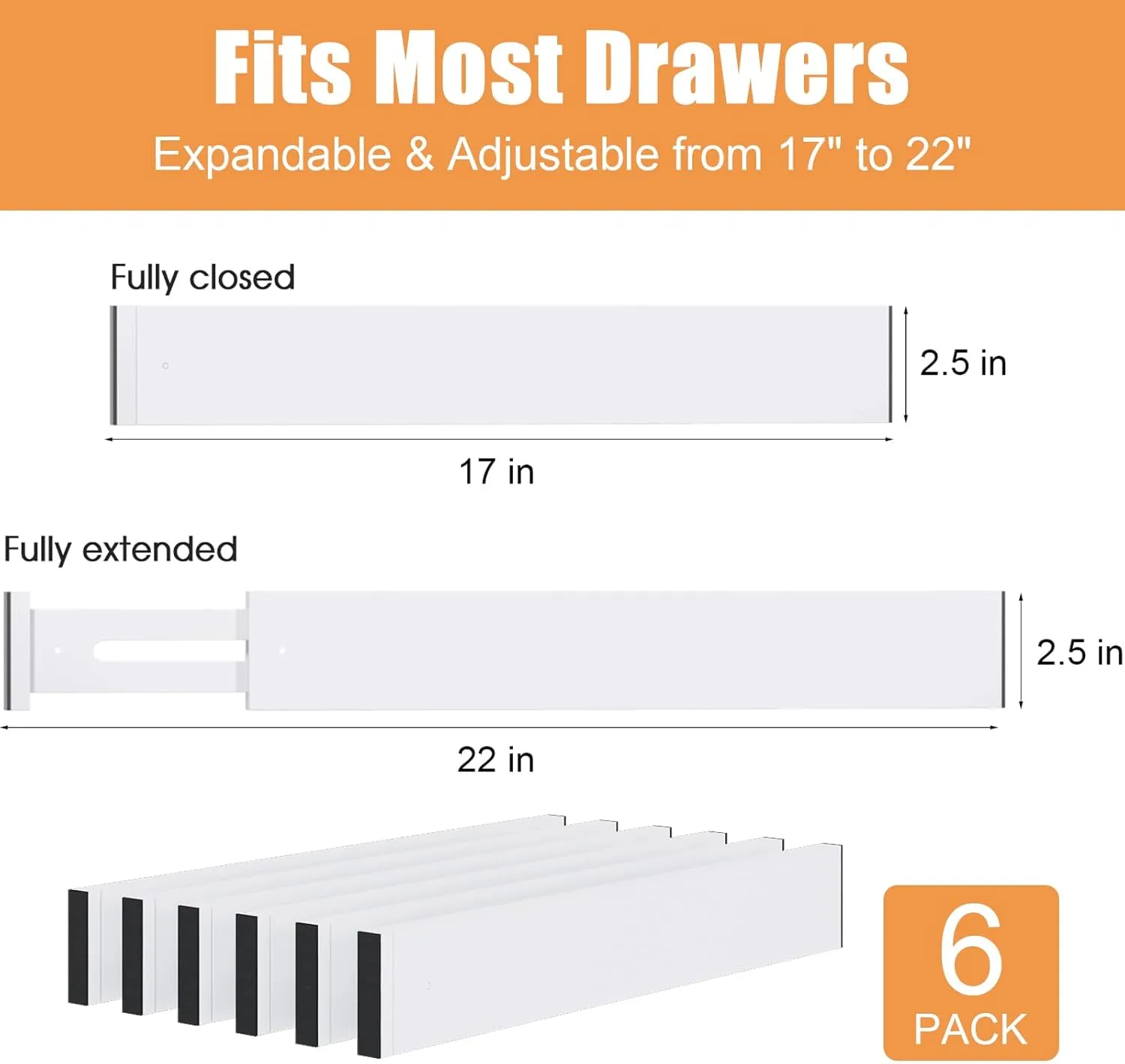 Bamboo Drawer Dividers,17-22" Adjustable Kitchen Drawer Organizer for Clothes,6 Pack Expandable Drawer Organization Separators for Bedroom,Bathroom,Dresser and Office,White