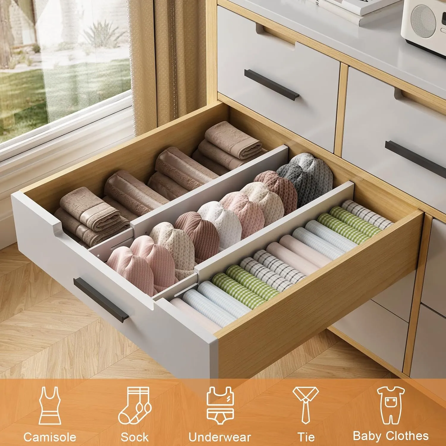 Bamboo Drawer Dividers,17-22" Adjustable Kitchen Drawer Organizer for Clothes,6 Pack Expandable Drawer Organization Separators for Bedroom,Bathroom,Dresser and Office,White
