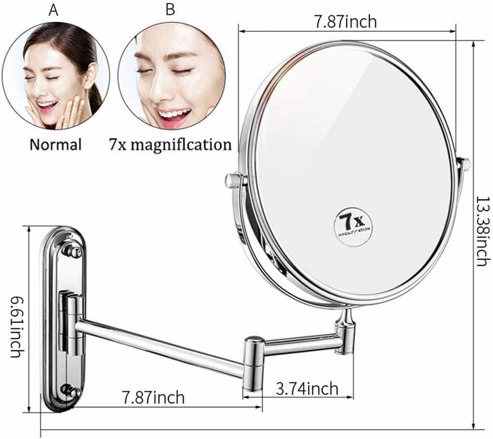 Bathroom Makeup Mirrors, Wall Mounted Brass Double Sided 360° Swivel Magnifying Vanity Shaving Extendable Adjustable (Color : 8inch, Size : 7X)
