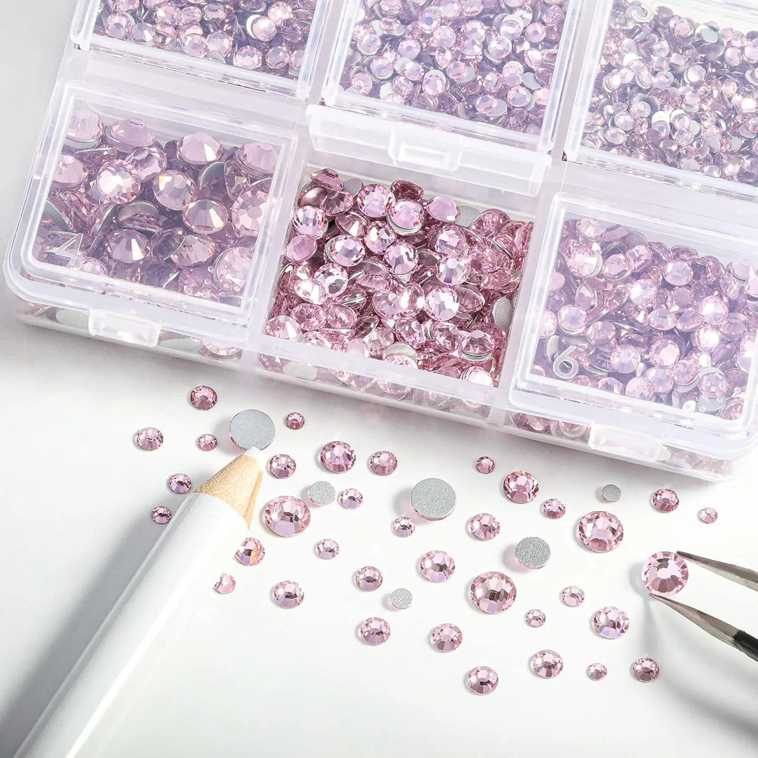 Beadsland 4300pcs Flatback Rhinestones,Pink Rhinestone Nail Gems Round Crystal Rhinestones for Crafts,Mixed 6 Sizes with Picking Tweezers and Wax Pencil Kit, SS6-SS20,Light Rose/Light Pink