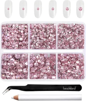 Beadsland 4300pcs Flatback Rhinestones,Pink Rhinestone Nail Gems Round Crystal Rhinestones for Crafts,Mixed 6 Sizes with Picking Tweezers and Wax Pencil Kit, SS6-SS20,Light Rose/Light Pink