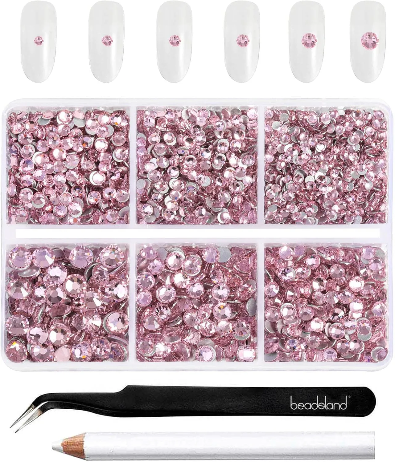 Beadsland 4300pcs Flatback Rhinestones,Pink Rhinestone Nail Gems Round Crystal Rhinestones for Crafts,Mixed 6 Sizes with Picking Tweezers and Wax Pencil Kit, SS6-SS20,Light Rose/Light Pink