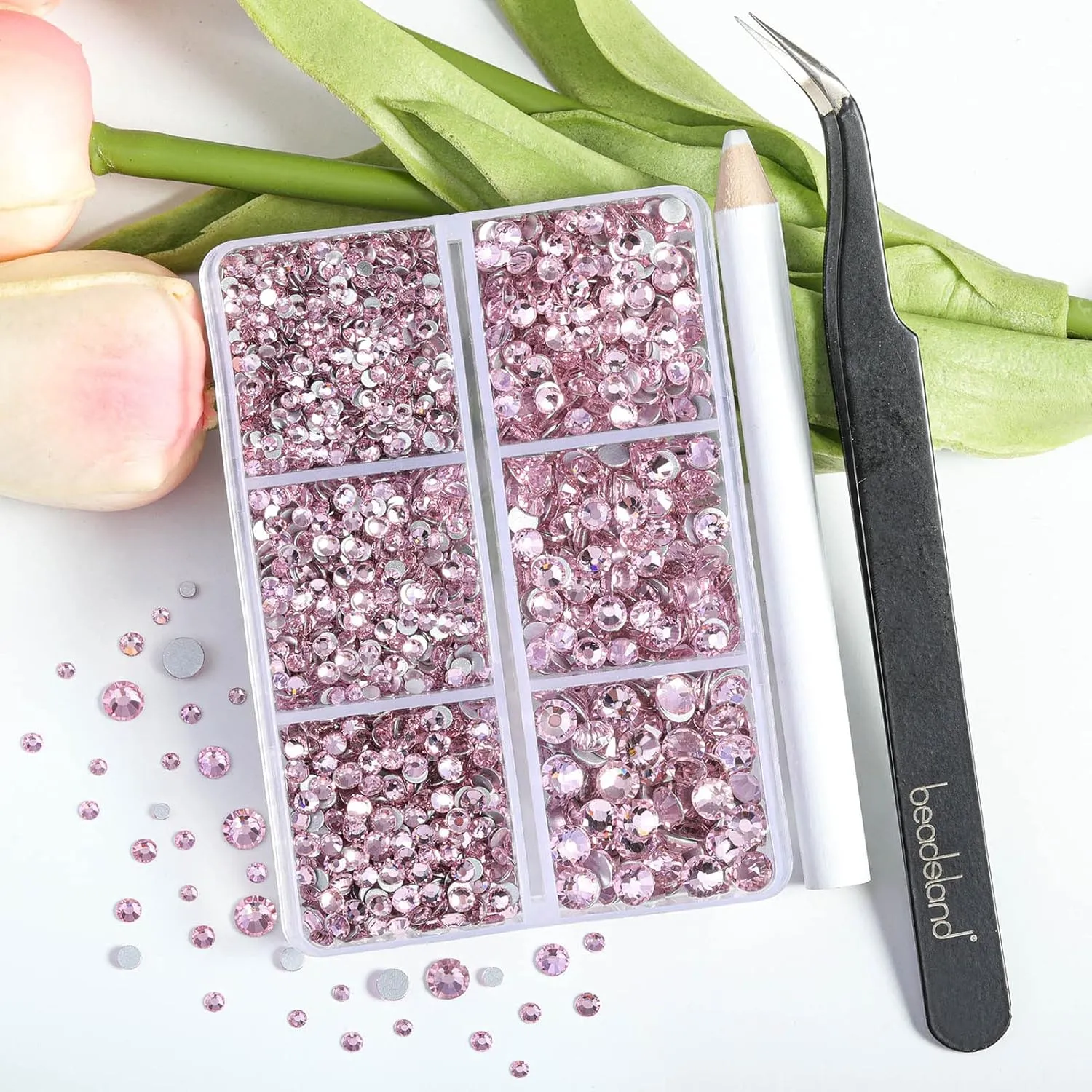 Beadsland 4300pcs Flatback Rhinestones,Pink Rhinestone Nail Gems Round Crystal Rhinestones for Crafts,Mixed 6 Sizes with Picking Tweezers and Wax Pencil Kit, SS6-SS20,Light Rose/Light Pink