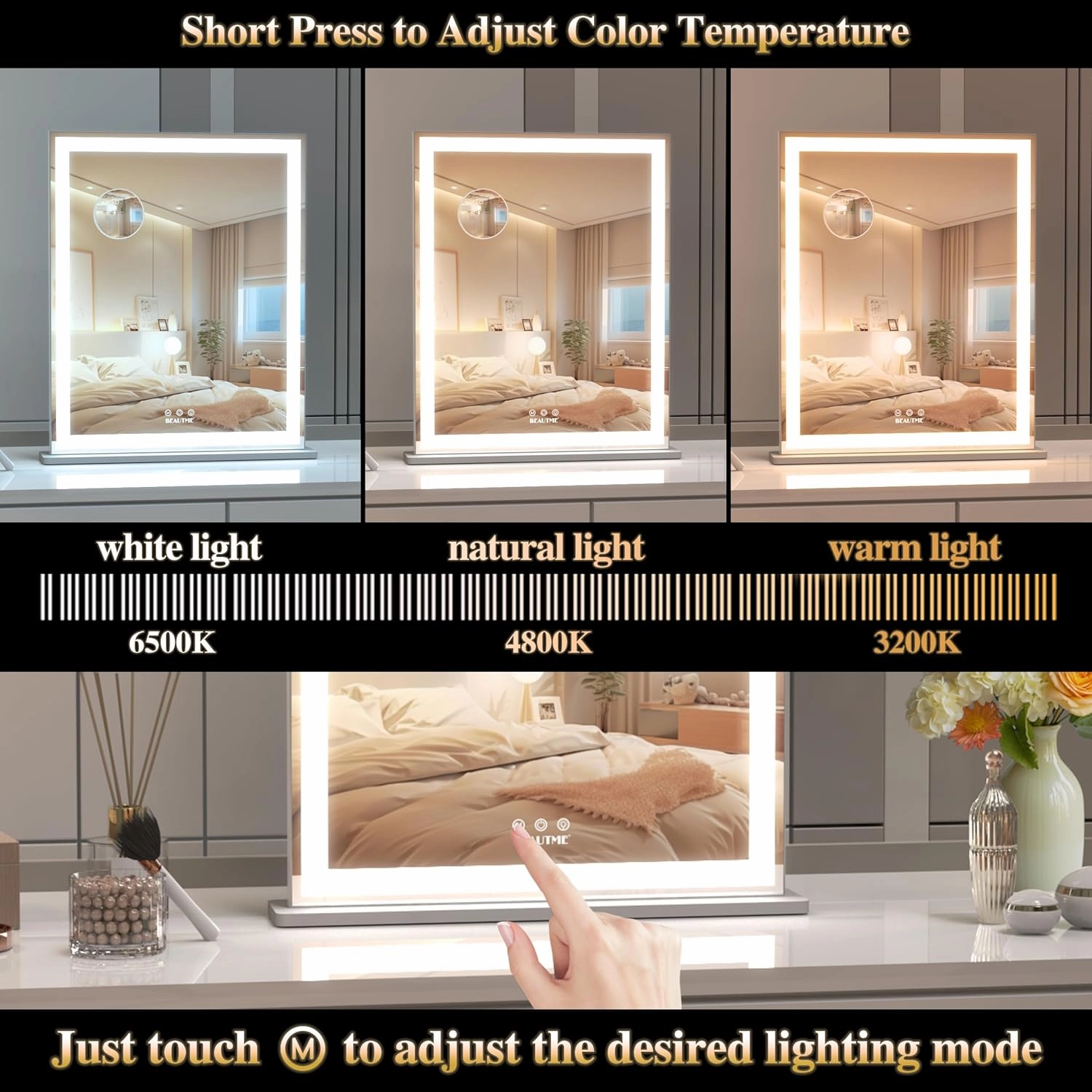 BEAUTME Vanity Mirror 20.5x24.1 Inch,Makeup Mirror with Lights,Hollywood Mirror,LED Mirror for Bedroom,Aluminium Frame,Tabletop/Wall Mount,Horizontal/Vertical,Silver