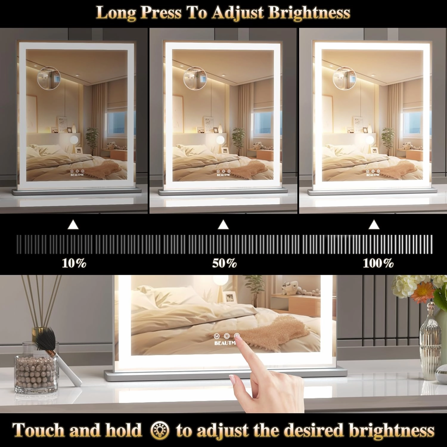 BEAUTME Vanity Mirror 20.5x24.1 Inch,Makeup Mirror with Lights,Hollywood Mirror,LED Mirror for Bedroom,Aluminium Frame,Tabletop/Wall Mount,Horizontal/Vertical,Silver