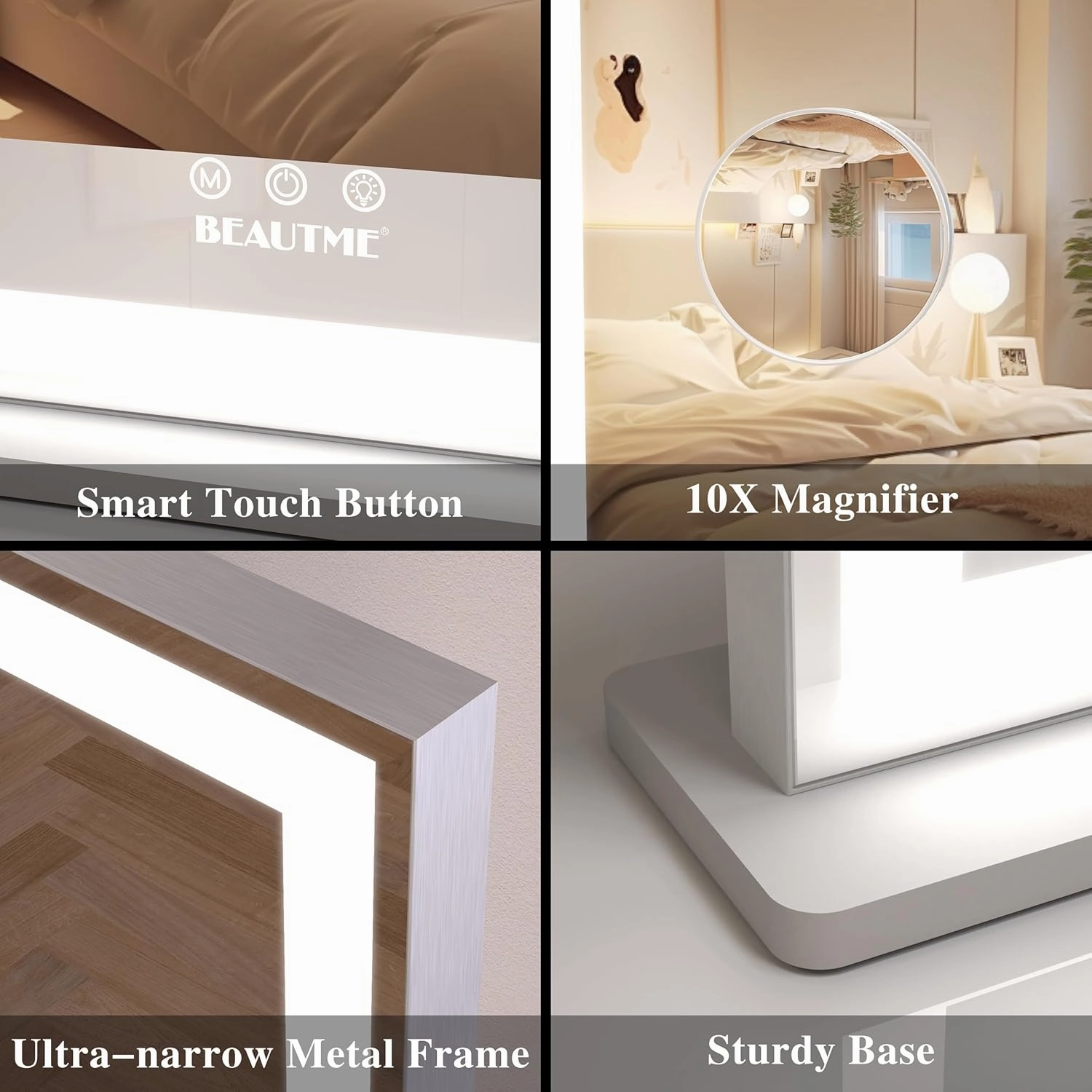 BEAUTME Vanity Mirror 20.5x24.1 Inch,Makeup Mirror with Lights,Hollywood Mirror,LED Mirror for Bedroom,Aluminium Frame,Tabletop/Wall Mount,Horizontal/Vertical,Silver