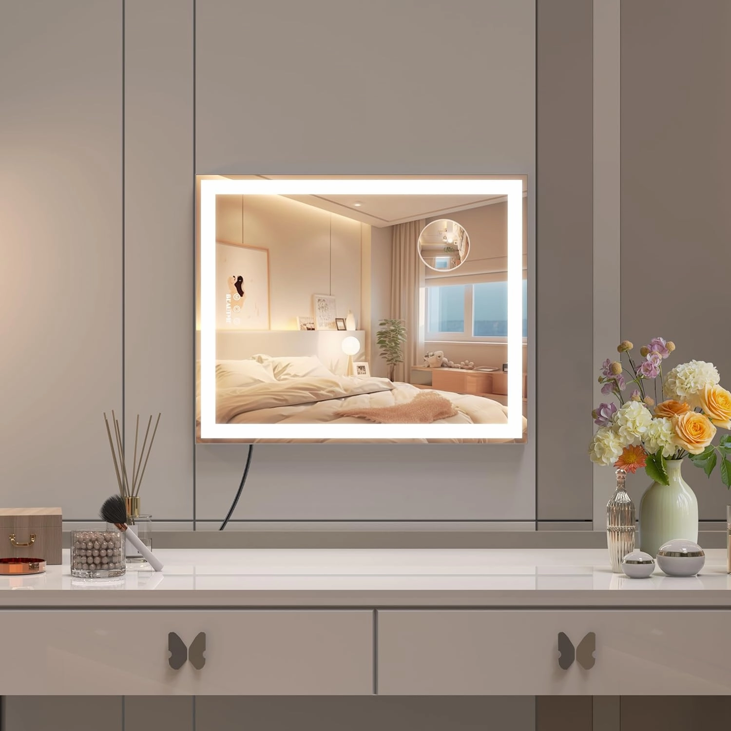 BEAUTME Vanity Mirror 20.5x24.1 Inch,Makeup Mirror with Lights,Hollywood Mirror,LED Mirror for Bedroom,Aluminium Frame,Tabletop/Wall Mount,Horizontal/Vertical,Silver