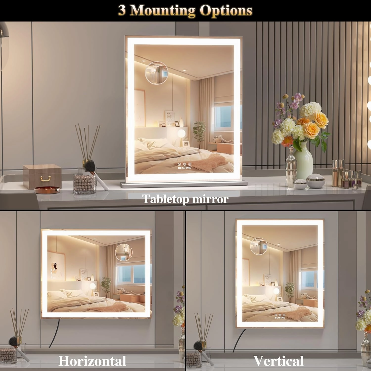 BEAUTME Vanity Mirror 20.5x24.1 Inch,Makeup Mirror with Lights,Hollywood Mirror,LED Mirror for Bedroom,Aluminium Frame,Tabletop/Wall Mount,Horizontal/Vertical,Silver
