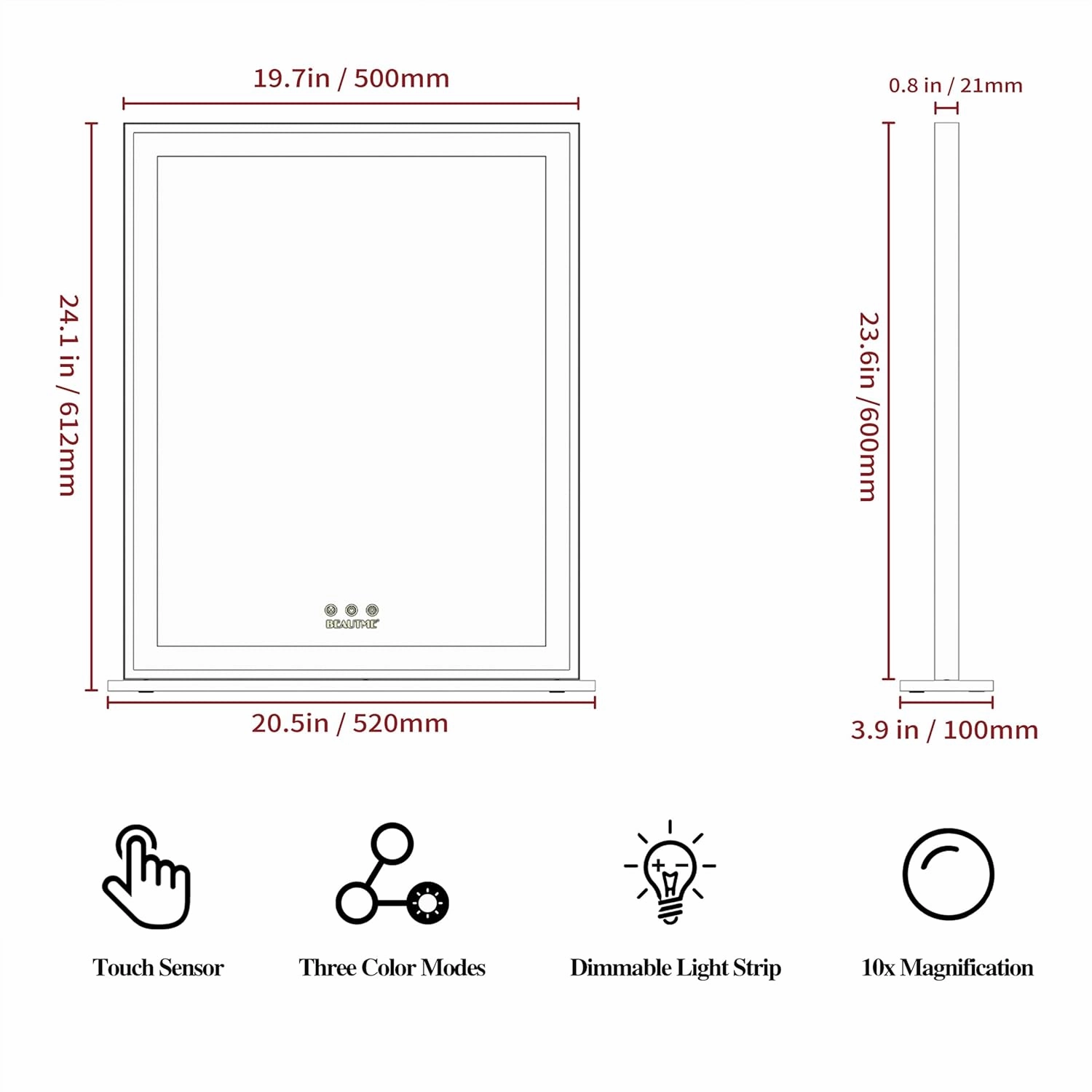 BEAUTME Vanity Mirror 20.5x24.1 Inch,Makeup Mirror with Lights,Hollywood Mirror,LED Mirror for Bedroom,Aluminium Frame,Tabletop/Wall Mount,Horizontal/Vertical,Silver