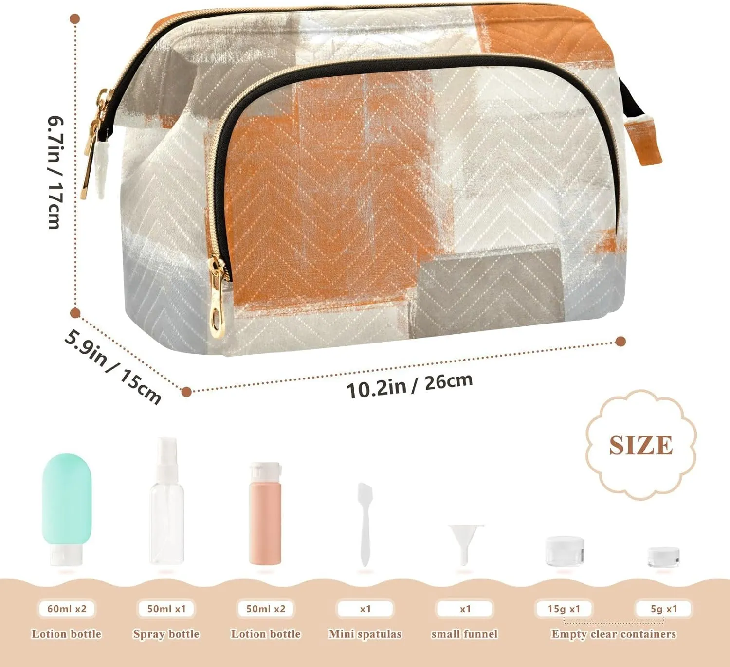 Beige Grey and Orange Abstract Art Painting Women Cosmetic Bag Makeup Bag Stylish Trip Beauty Bag Travel Toiletry Bag with Bottle Organizer 10.2 x 5.9 x 6.7 inch