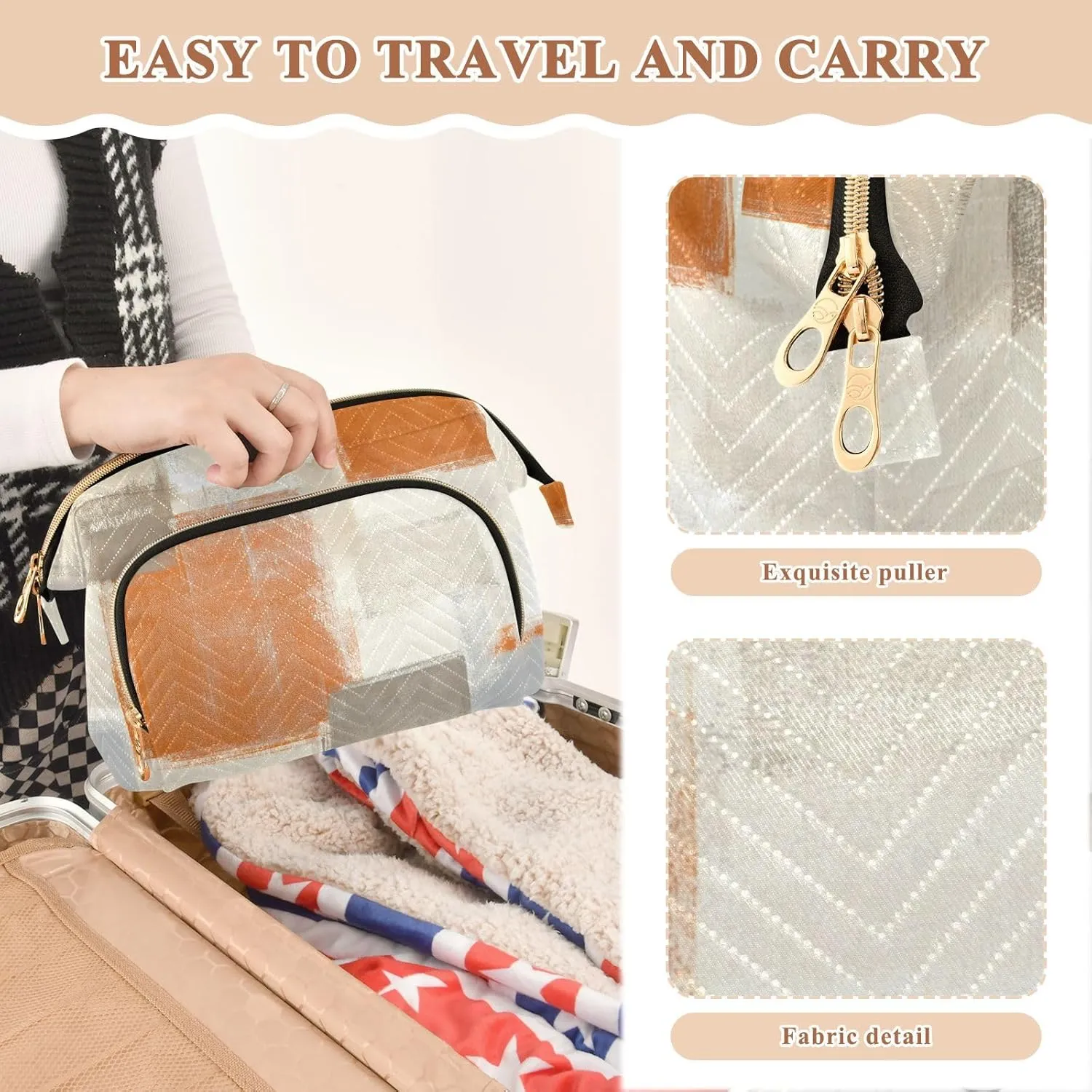Beige Grey and Orange Abstract Art Painting Women Cosmetic Bag Makeup Bag Stylish Trip Beauty Bag Travel Toiletry Bag with Bottle Organizer 10.2 x 5.9 x 6.7 inch