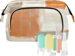 Beige Grey and Orange Abstract Art Painting Women Cosmetic Bag Makeup Bag Stylish Trip Beauty Bag Travel Toiletry Bag with Bottle Organizer 10.2 x 5.9 x 6.7 inch
