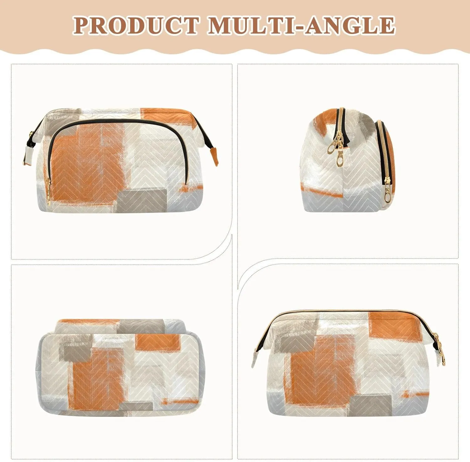 Beige Grey and Orange Abstract Art Painting Women Cosmetic Bag Makeup Bag Stylish Trip Beauty Bag Travel Toiletry Bag with Bottle Organizer 10.2 x 5.9 x 6.7 inch