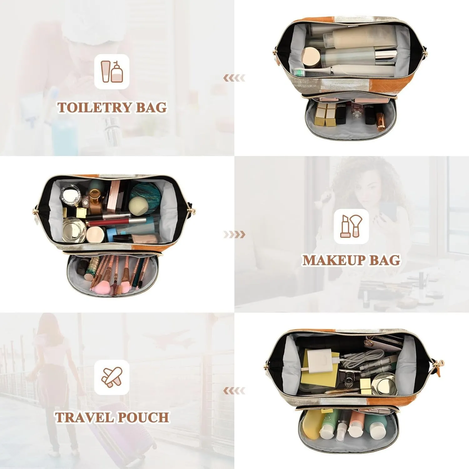 Beige Grey and Orange Abstract Art Painting Women Cosmetic Bag Makeup Bag Stylish Trip Beauty Bag Travel Toiletry Bag with Bottle Organizer 10.2 x 5.9 x 6.7 inch