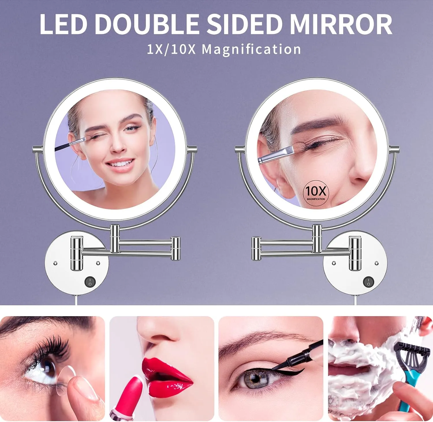 Benbilry 9" Large Size Wall Mounted Lighted Makeup Vanity Mirror, 1X/10X Magnifying Double-Sided AC Powered Bathroom Mirror, 360° Swivel 13 Inch Extendable