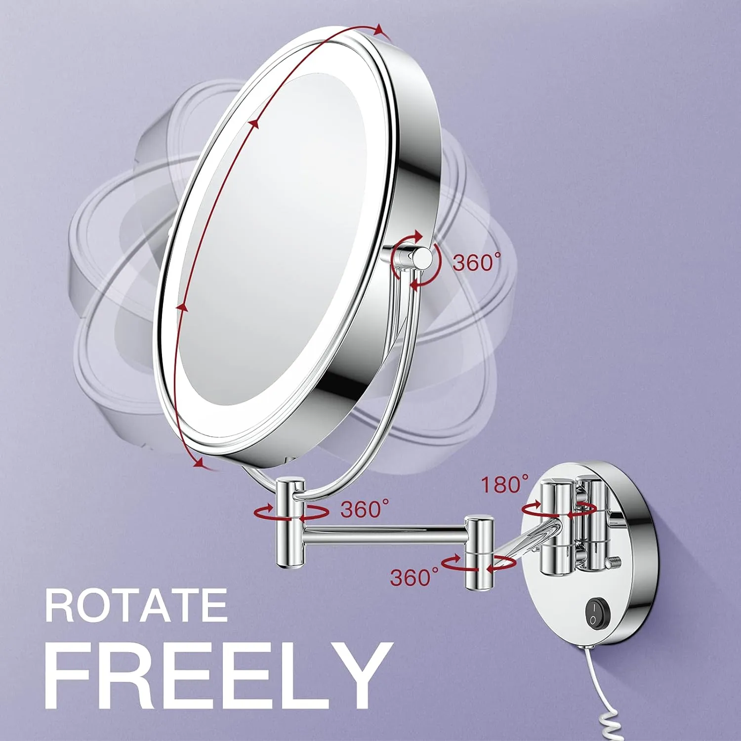 Benbilry 9" Large Size Wall Mounted Lighted Makeup Vanity Mirror, 1X/10X Magnifying Double-Sided AC Powered Bathroom Mirror, 360° Swivel 13 Inch Extendable