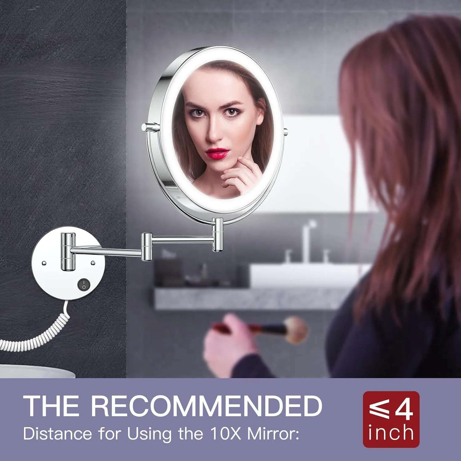 Benbilry 9" Large Size Wall Mounted Lighted Makeup Vanity Mirror, 1X/10X Magnifying Double-Sided AC Powered Bathroom Mirror, 360° Swivel 13 Inch Extendable