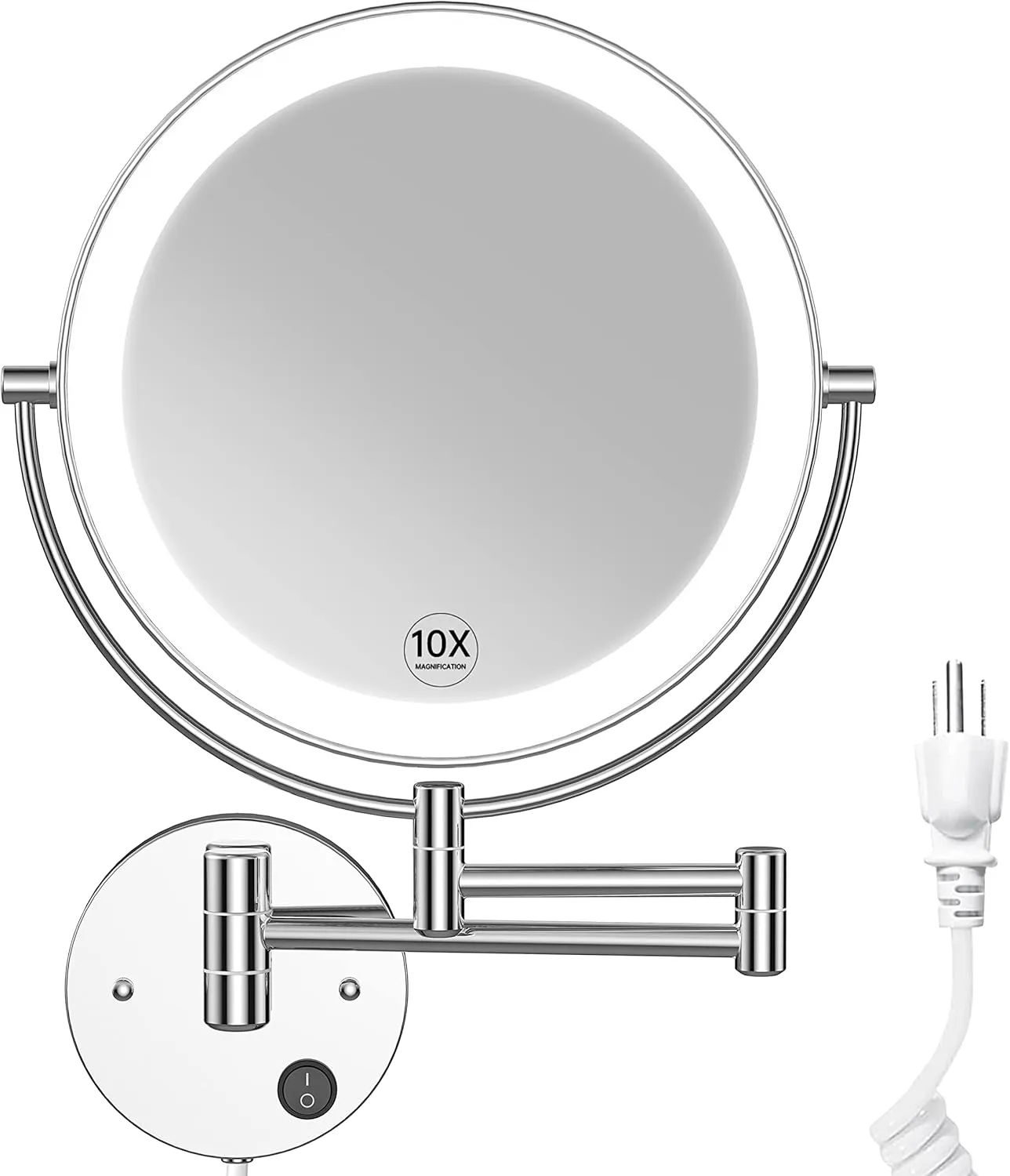 Benbilry 9" Large Size Wall Mounted Lighted Makeup Vanity Mirror, 1X/10X Magnifying Double-Sided AC Powered Bathroom Mirror, 360° Swivel 13 Inch Extendable