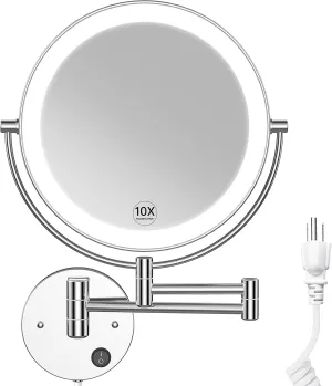 Benbilry 9" Large Size Wall Mounted Lighted Makeup Vanity Mirror, 1X/10X Magnifying Double-Sided AC Powered Bathroom Mirror, 360° Swivel 13 Inch Extendable