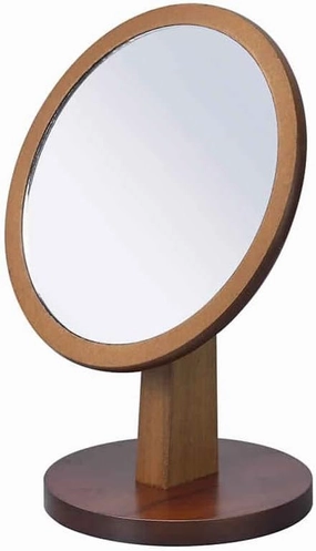 Benjara Wooden Makeup Round Mirror with Pedestal Base, Brown and Silver