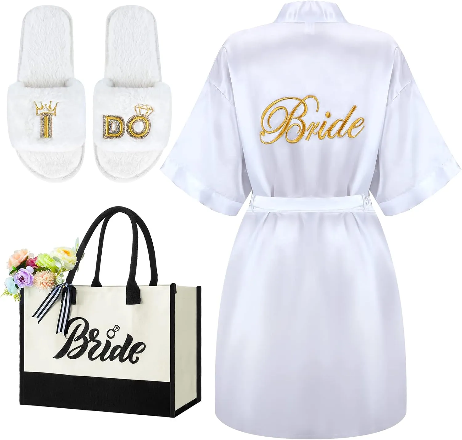 Berlune 3 Pcs Bride to Be Gift Sets Bridal Shower Supplies Bride Tote Bag Robe Slippers Bachelorette Gifts for Wedding