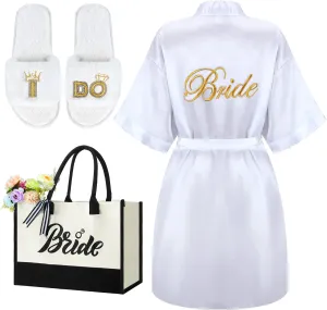 Berlune 3 Pcs Bride to Be Gift Sets Bridal Shower Supplies Bride Tote Bag Robe Slippers Bachelorette Gifts for Wedding