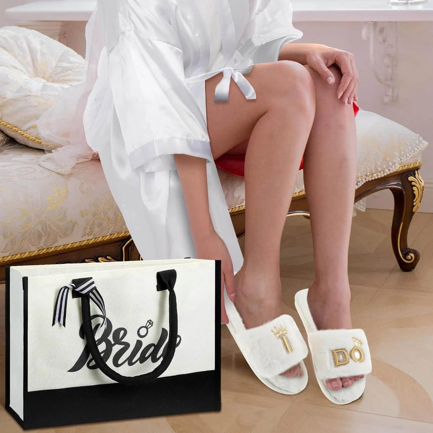 Berlune 3 Pcs Bride to Be Gift Sets Bridal Shower Supplies Bride Tote Bag Robe Slippers Bachelorette Gifts for Wedding