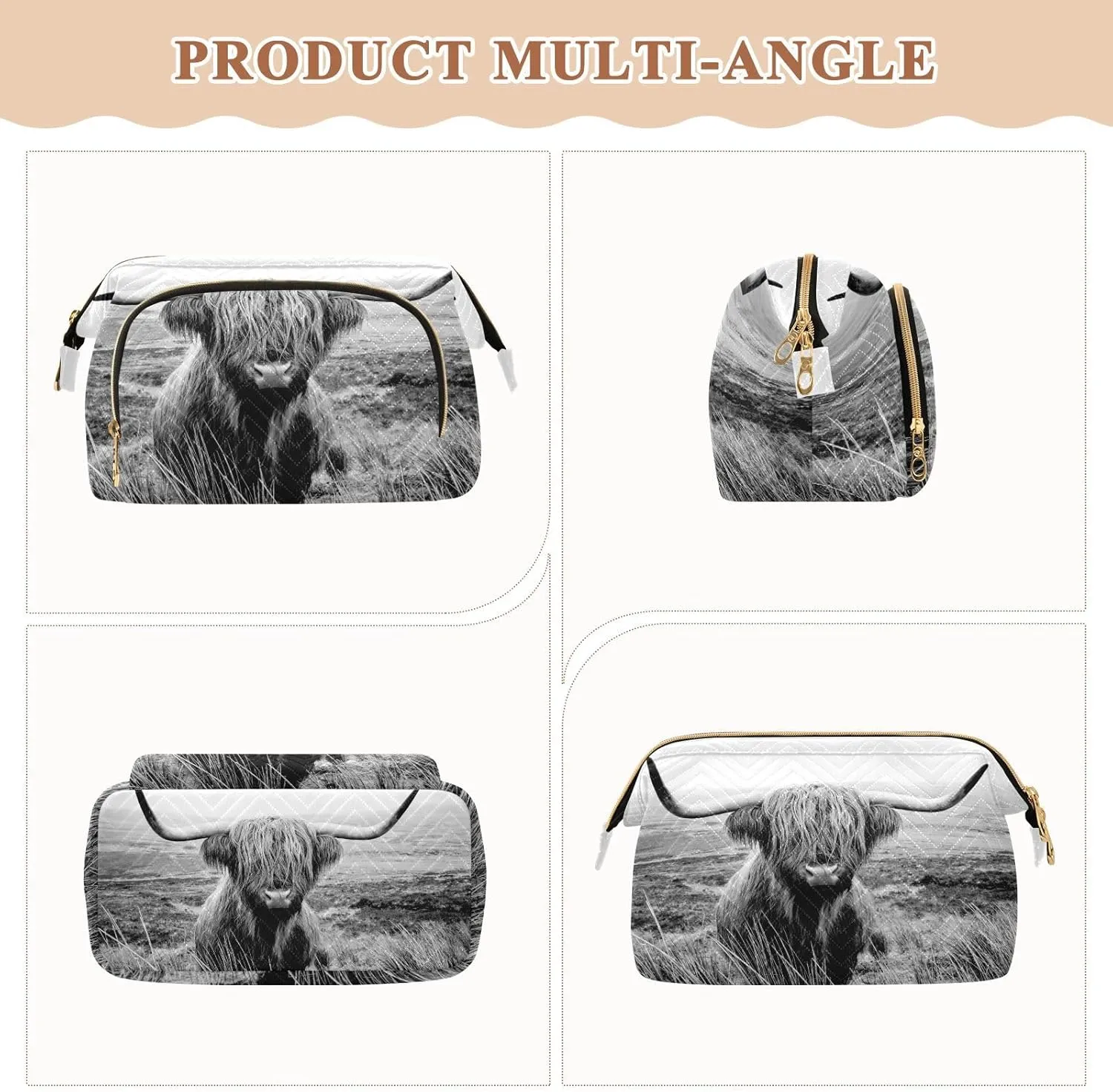 Black White Retro Scottish Highland Cow in Field Women Cosmetic Bag Makeup Bag Stylish Trip Beauty Bag Travel Toiletry Bag with Bottle Organizer 10.2 x 5.9 x 6.7 inch