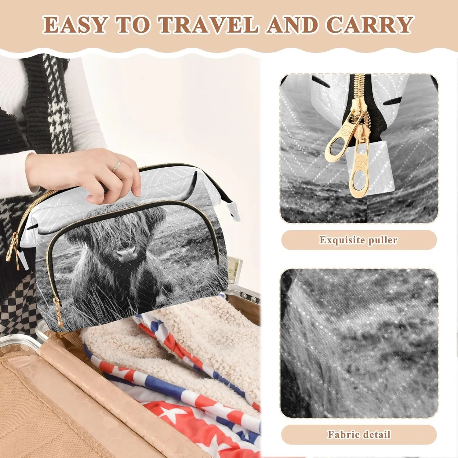 Black White Retro Scottish Highland Cow in Field Women Cosmetic Bag Makeup Bag Stylish Trip Beauty Bag Travel Toiletry Bag with Bottle Organizer 10.2 x 5.9 x 6.7 inch