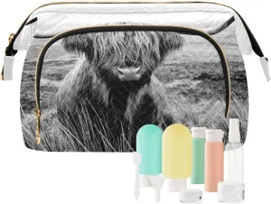 Black White Retro Scottish Highland Cow in Field Women Cosmetic Bag Makeup Bag Stylish Trip Beauty Bag Travel Toiletry Bag with Bottle Organizer 10.2 x 5.9 x 6.7 inch