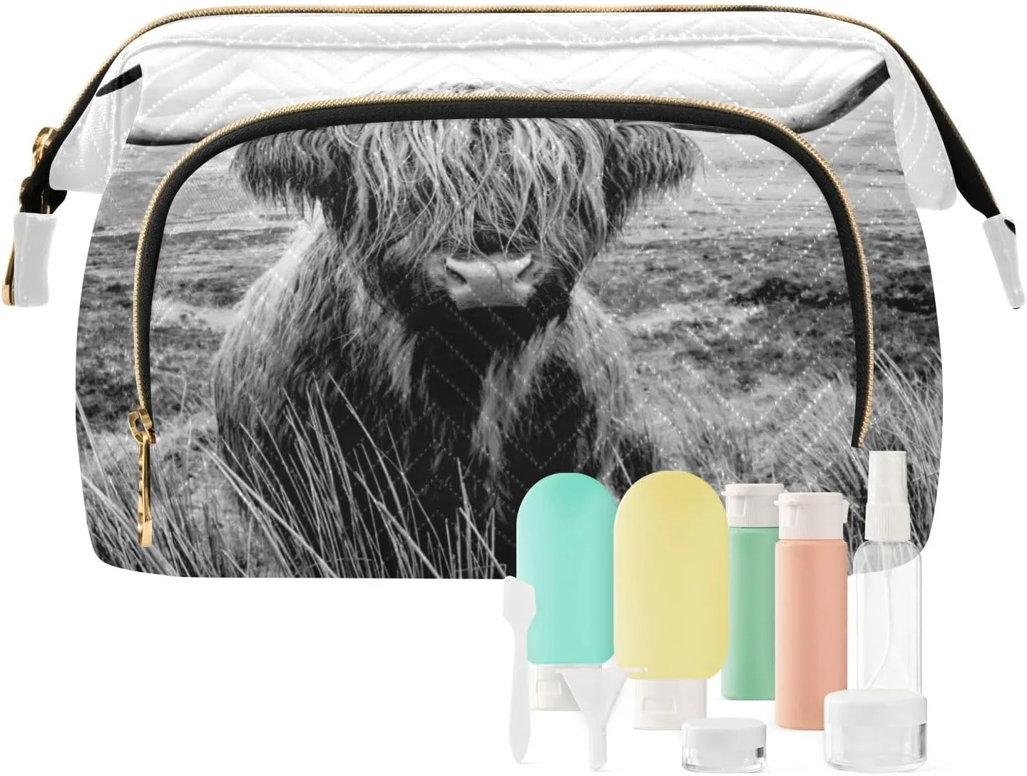 Black White Retro Scottish Highland Cow in Field Women Cosmetic Bag Makeup Bag Stylish Trip Beauty Bag Travel Toiletry Bag with Bottle Organizer 10.2 x 5.9 x 6.7 inch