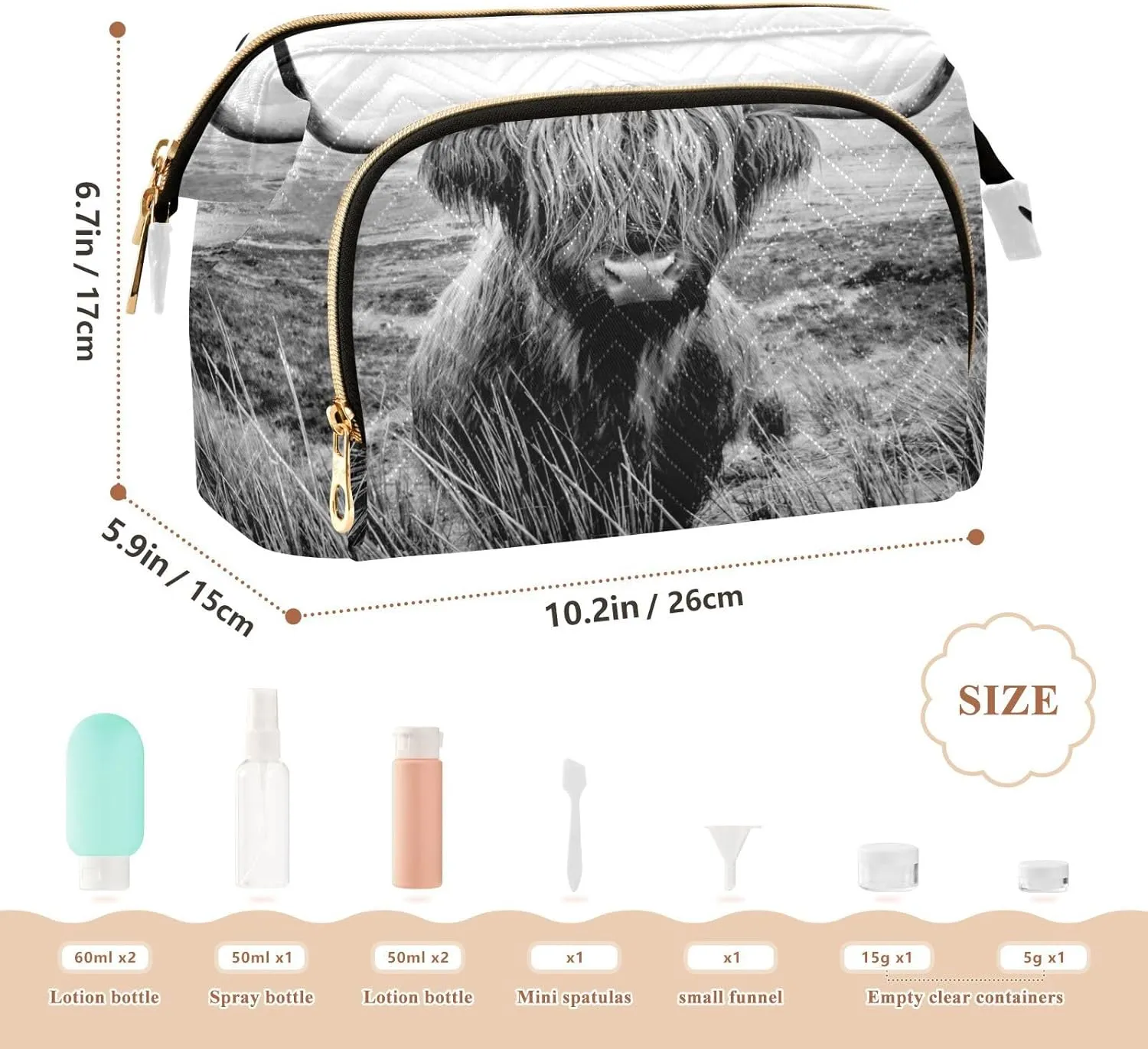 Black White Retro Scottish Highland Cow in Field Women Cosmetic Bag Makeup Bag Stylish Trip Beauty Bag Travel Toiletry Bag with Bottle Organizer 10.2 x 5.9 x 6.7 inch
