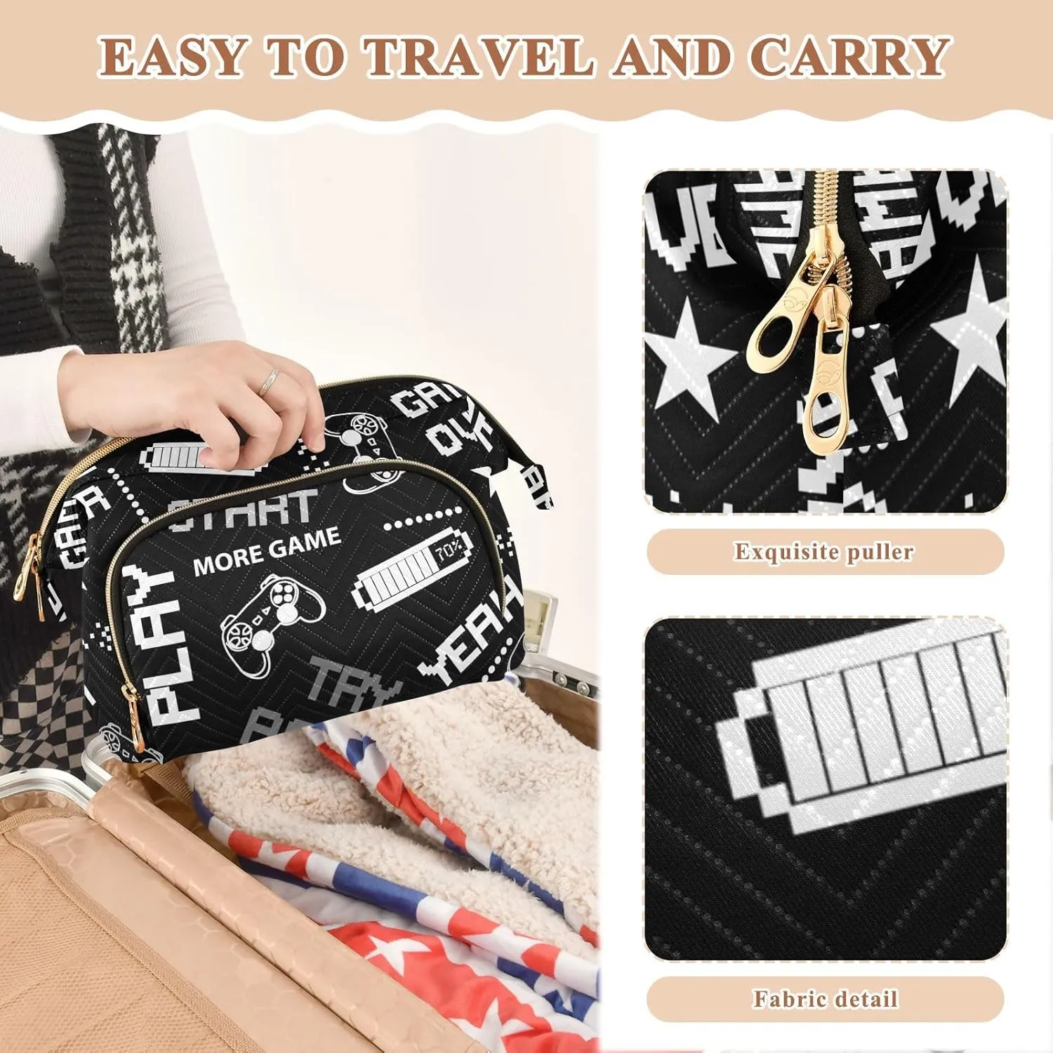 Black White Seamless Abstract Pattern in Pixel Game Style Women Cosmetic Bag Makeup Bag Stylish Trip Beauty Bag Travel Toiletry Bag with Bottle Organizer 10.2 x 5.9 x 6.7 inch