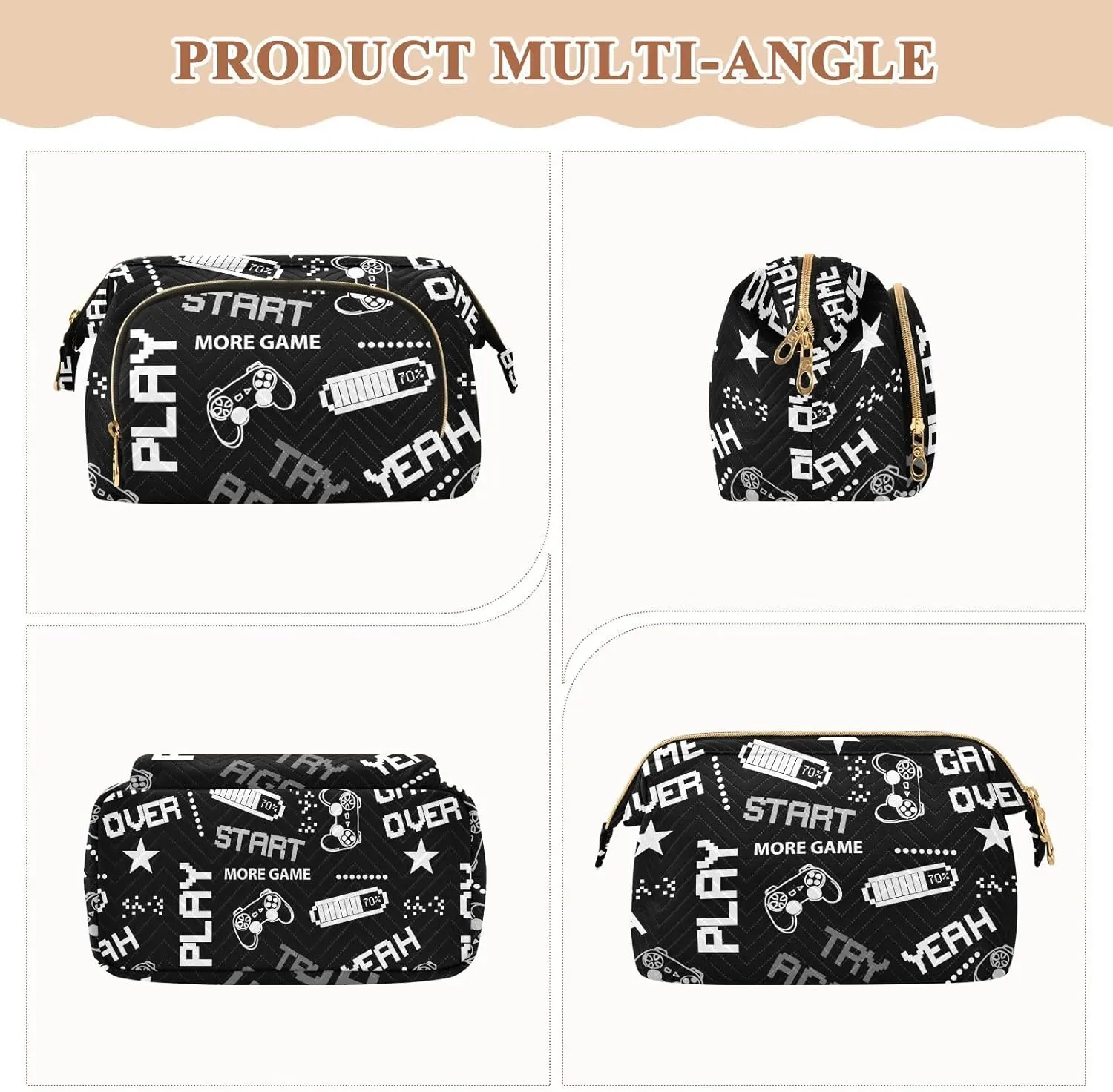 Black White Seamless Abstract Pattern in Pixel Game Style Women Cosmetic Bag Makeup Bag Stylish Trip Beauty Bag Travel Toiletry Bag with Bottle Organizer 10.2 x 5.9 x 6.7 inch